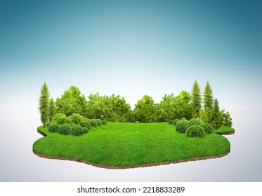 Travel and vacation background. 3d illustration with cut of the ground and the grass landscape. The trees on the island. eco design concept. - Powered by Shutterstock