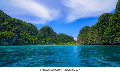 Travel vacation background Maya bay at Phi Phi island. Blue sky
