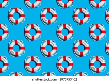 Travel Or Vacation Concept Pattern. Lifebuoy Welcome Aboard On Blue Background Abstract Pattern.