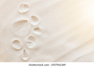 Travel, vacation concept. Sea shells on sand and blue background. Travelling, trip. Travel text. High quality photo - Shutterstock ID 1937961349