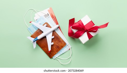 Travel And Vacation Concept. Trip Accessories And Items. Christmas Journey. Top View Flat Lay