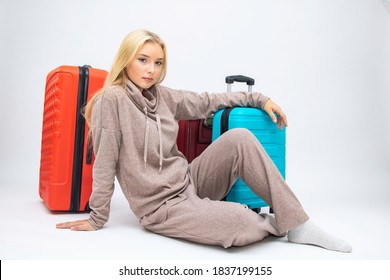 Travel vacation joy plane suitcases beautiful girly - Shutterstock ID 1837199155