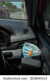 Travel And Vacations Concept, Medical Mask, Hand Sanitizer Spray Placed On Console Inside The Car, Preparation Of Portable Disinfecting Alcohol Spray, Prevention Of Covid-19, Health Care, New Normal.