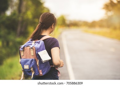 travel woman with backpack stand on wayside vintage filter - Shutterstock ID 705886309