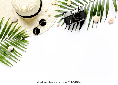 Traveler Accessories, Tropical Palm Leaf Branches On White Background With Empty Space For Text. Travel Vacation Concept. Summer Background. Road Frame Set. Flat Lay, Top View.