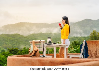 Traveler Asian Woman Drink Coffee Joy Nature View Scenic Foggy Landscape Mountain, Attraction Famous Rural Place Tourist Travel Ratchaburi Thailand Holiday Vacation, Tourism Beautiful Destination Asia