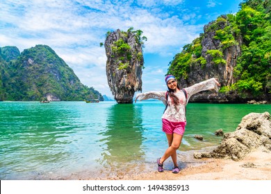 Traveler Asian Woman Joy Fun Amazed Nature Scenic Landscape James Bond Island Phang-Nga Bay, Famous Landmark Tourist Travel Phuket Thailand Summer Holiday Vacation, Tourism Beautiful Destination Asia