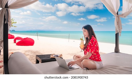 Traveler Asian Woman Relax On Beach Drink Fruit Juice Using Laptop, Asia Business People On Vacation At Resort Work With Computer Notebook, Attraction Tourist Girl Travel And Work In Thailand Holiday