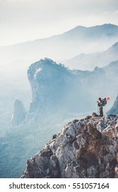 Traveler Backpacker On Mountains Cliff Hiking Enjoy Landscape Travel Lifestyle Concept Adventure Active Vacations Outdoor Aerial View 