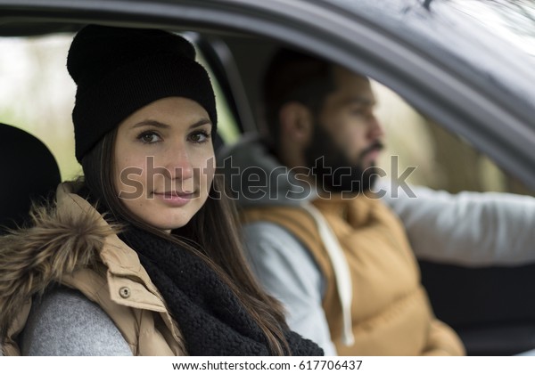 Traveler couple in\
car