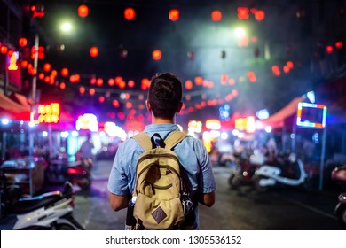 Traveler Exploring The Streets Of Asian Food Market