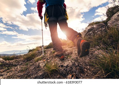 Traveler Feet Hiking In Mountains