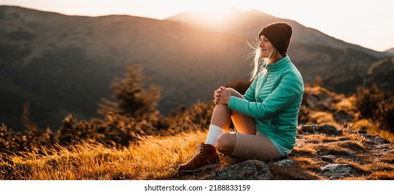 Traveler Hiking With Backpacks. Hiking In Mountains. Sunny Landscape. Tourist Traveler On Background View Mockup. High Tatras , Slovakia