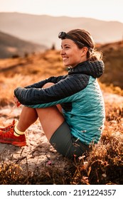 Traveler Hiking With Backpacks. Hiking In Mountains. Sunny Landscape. Tourist Traveler On Background View Mockup. Tatras , Slovakia Landscape