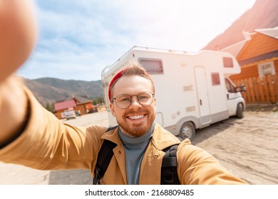 Traveler Hipster Man Doing Adventure Selfie Photo Background Camper Car. Concept Vacation Van Lifestyle Vanlife.