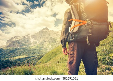 Traveler Man With Backpack Mountaineering Travel Lifestyle Concept Mountains On Background Summer Trip Vacations Outdoor