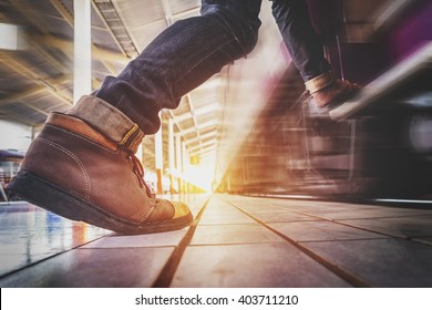 Traveler Man Running And Hurry To Catch And Enters To The Train, Vintage Effect Tone