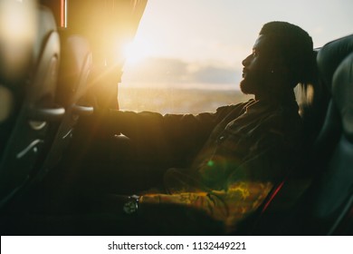 Traveler Man Traveling In Intercity Bus, Look To The Window