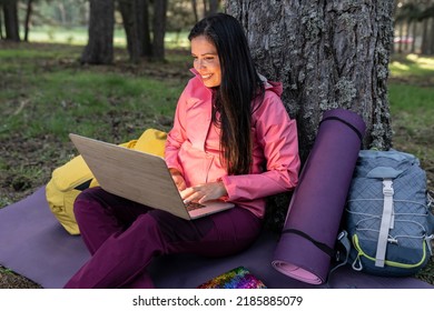 Traveler Mature Woman, In Forest With Laptop, Biologist Using Laptop In Camping Nature