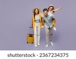 Traveler parents mom dad with child girl wear casual clothes hold bags, sit on back isolated on plain purple background. Tourist travel abroad in free time rest getaway Air flight trip journey concept