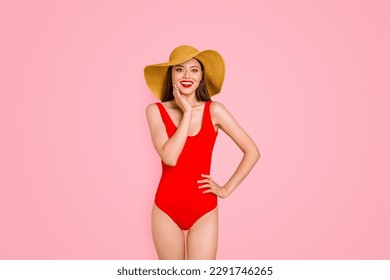 Traveler people person concept. Photo portrait of delightful funny funky fancy pretty attractive stunning girl wearing rosy bikini and straw cap isolated vivid background