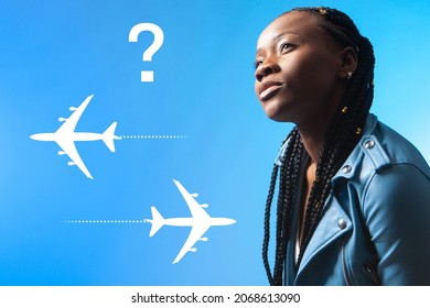 Traveler thinks about route for  flight. Concept - woman is thinking which flight to take. Aviation logistics. African American traveler on blue background. Question next to silhouette of airplanes