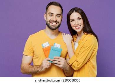 Traveler Tourist Fun Happy Couple Two Friends Family Man Woman Wear Summer Clothes Isolated On Plain Violet Background Studio. Passenger Travel Abroad On Weekends Getaway. Air Flight Journey Concept