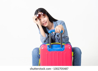 Traveler Tourist Woman In Summer Casual Clothes.Asian Smiling Woman Wearing Sun Glasses.Passenger Traveling Abroad To Travel On White Background.