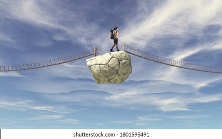 Traveler Walking On Rock Between Two Bridges . Taking Risk Concept . 