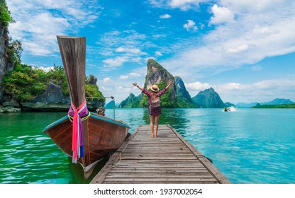 Traveler Woman  Joy Fun Beautiful Nature Scenic Attraction Landscape Phang-Nga Bay, Adventure Landmark Travel Phuket Thailand, Tourist On Summer Holiday Vacation Trip, Tourism Destination Place Asia