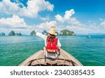 Traveler woman on boat joy fun nature view scenic landscape group of small island Krabi, Attraction famous place tourist travel Phuket Thailand summer holiday vacation trip, Beautiful destination Asia