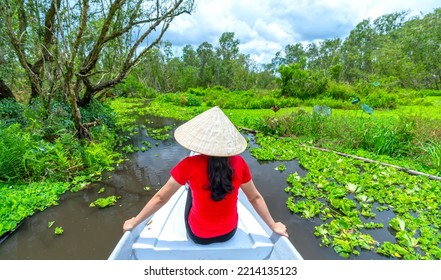 Traveler Woman On A Boat Tour Along The Canals In The Mangrove Forest. This Is An Eco Tourism Area At Mekong Delta In An Giang, Vietnam