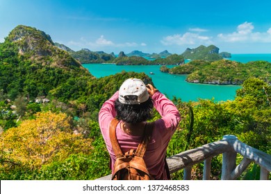 Traveler Woman On Top Island Joy View Nature Scenic Landscape Koh Ang Tong Island Adventure Lifestyle Landmark Tourist Travel Samui Thailand Summer Holiday Vacation, Tourism Beautiful Destination Asia