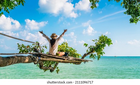 Traveler Woman On Tree Branch Joy Fun Nature View Scenic Landscape Railay Krabi, Adventure Attraction Tourist Travel Phuket Thailand Summer Holiday Vacation, Tourism Beautiful Destination Place Asia