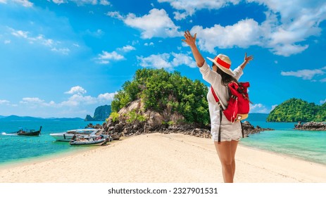 Traveler woman on vacation beach joy nature view scenic landscape Phakbia island Krabi, Attraction famous popular place tourist travel Phuket Thailand summer holiday trip, Beautiful destination Asia