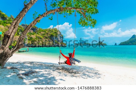 Traveler woman relaxing on swing joy beautiful nature scenic landscape vacation sunny fun beach island Famous landmark tourist travel Koh Samui Thailand summer holiday, Tourism destination place Asia