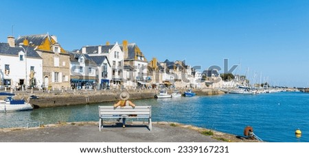 Traveler woman sitting on a bench looking at Le Croisic village, port and atlantic ocean- Brittany in France