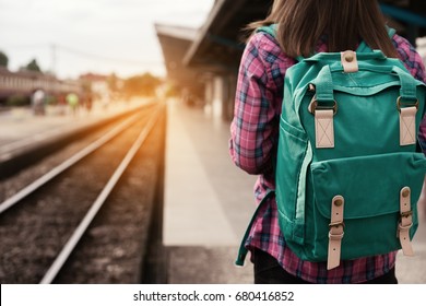 Young Asian Woman Traveler Backpack Railway Stock Photo 1606691476 ...