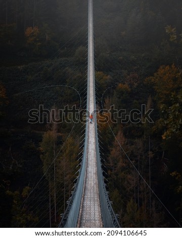 Traveler woman walks on a suspension bridge surrounded by an autumnal forest and full of mystery in Geierlay, Germany