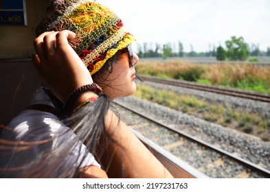 Travelers Thai Women People Sitting On Railway For Journey Explorer And Portrait Posing For Take Photo At Window Train Go To Destination Travel Visit Phra Nakhon Si Ayutthaya From Bangkok, Thailand