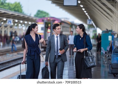 Traveling Asian Group Business Man And Business Woman Walking Subway  Train Station Classic Background , Go Away Concept, 25-35 Year Old 