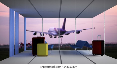 traveling luggage in airport terminal or Suitcases in  departure at  lounge   with large windows and airplane at night background 