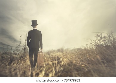 traveling man walks solitary in wild nature