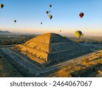 traveling on a hot-air balloon above the pyramid of the moon in Teotihuacan, Mexico, ballooning, beautiful landscape