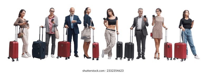 Traveling people holding a trolley bag and using their smartphones, set of portraits collage - Powered by Shutterstock