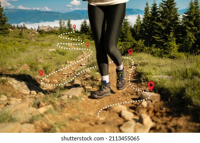 Traveling Sports Shoes On A Trail Walking In The Mountains, Outdoor Activity. Mountain Progression Path.