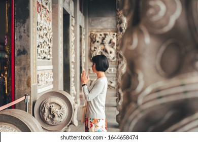 Traveling Woman Praying At Wenwu Temple, Taiwan