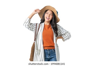 Traveller Adult Attractive Cheerful Smiling Asian Female Wear Casual Cloth With Hat And Purse Ready To Travel In Summer Time Vacation Ideas Concept Isolate White Background