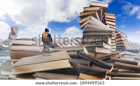 Traveller with backpack standing in fantasy mountains valley made of books.