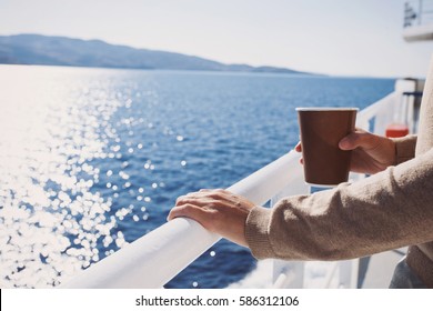 Traveller Girl Standing On Ferry Boat, Looking At The Sea And Holding A Coffee Cup, Travel And Active Lifestyle Concept